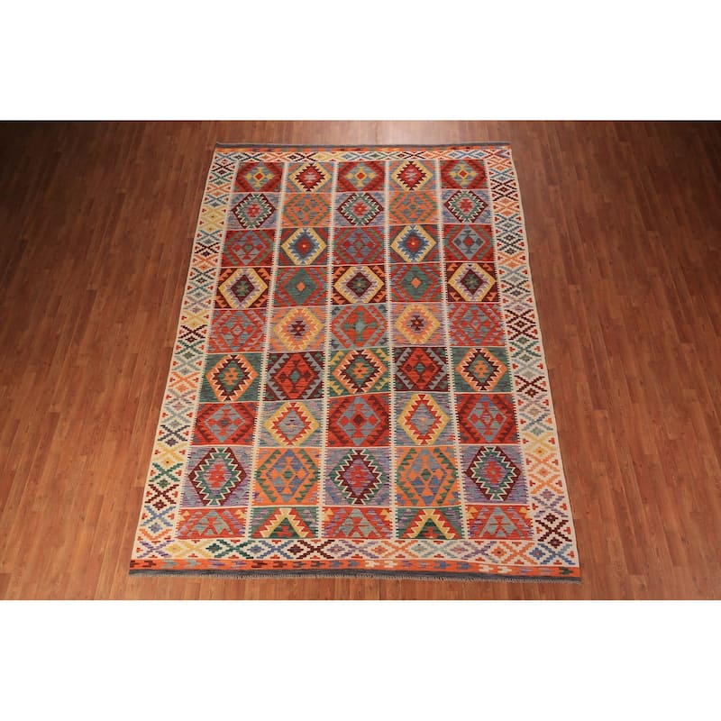 Colorful Geometric Kilim Oriental Area Rug Flatweave Wool Carpet - 8'5" x 11'9"