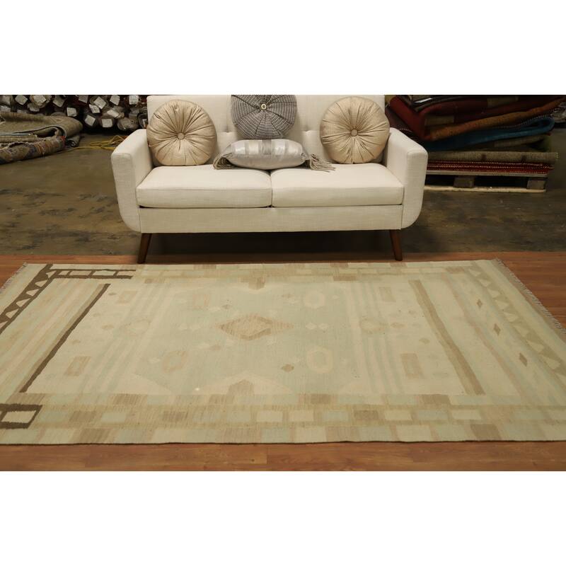 Hand Woven Oriental 100% Wool Carpet Southwestern Tribal Green Kilim Area Rug - 8' 5'' X 5' 2''