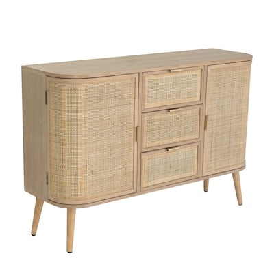 Dana 47 Inch Wood Sideboard Cabinet, 3 Drawers, Rattan Doors, Modern, Brown