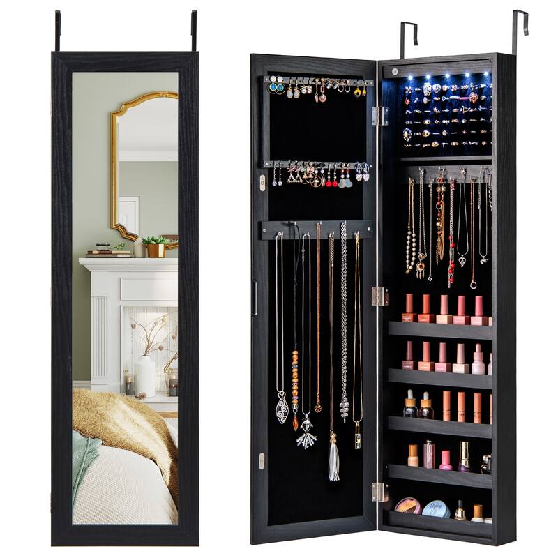 Wall Mounted or Door Hanging Jewelry Cabinet with Full Length Mirror and LED Lights - 12.5" x 3.7" x 42"