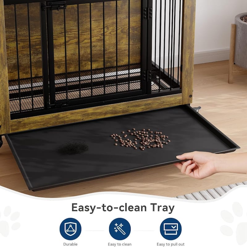 Rustic Dog Crate Furniture, Pet Crate with Wheels & Removable Tray for Small to Medium Dogs