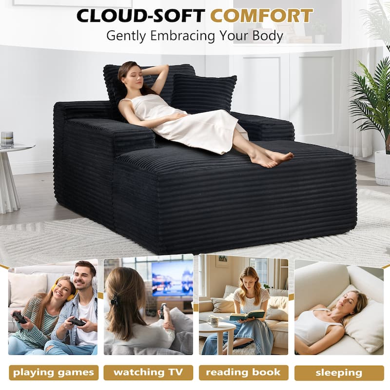 Deep Seat Chaise Lounge Chair, Wide Armrest Sleeper Sofa with Three Soft Pillows, Convertible Boneless Sofa Bed Daybed