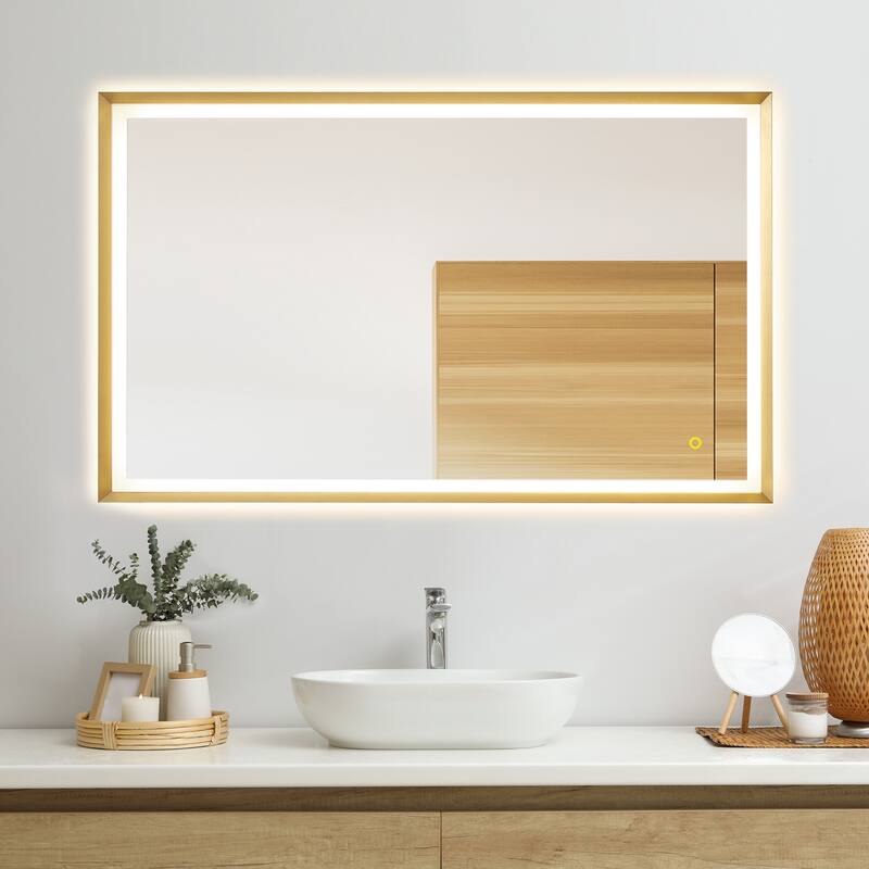 Apollo Rectangular Anti-Fog Dimmable Modern Bathroom/Vanity LED Lighted Wall Mirror in Brushed Gold Aluminum Framed