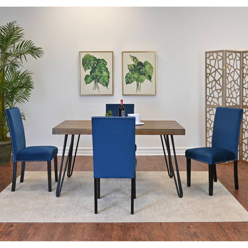 Rectangular Dining Table and Chair Sets with Chrome Nailhead Trim Chairs and Metal Hairpin Legs for Living Room Kitchen