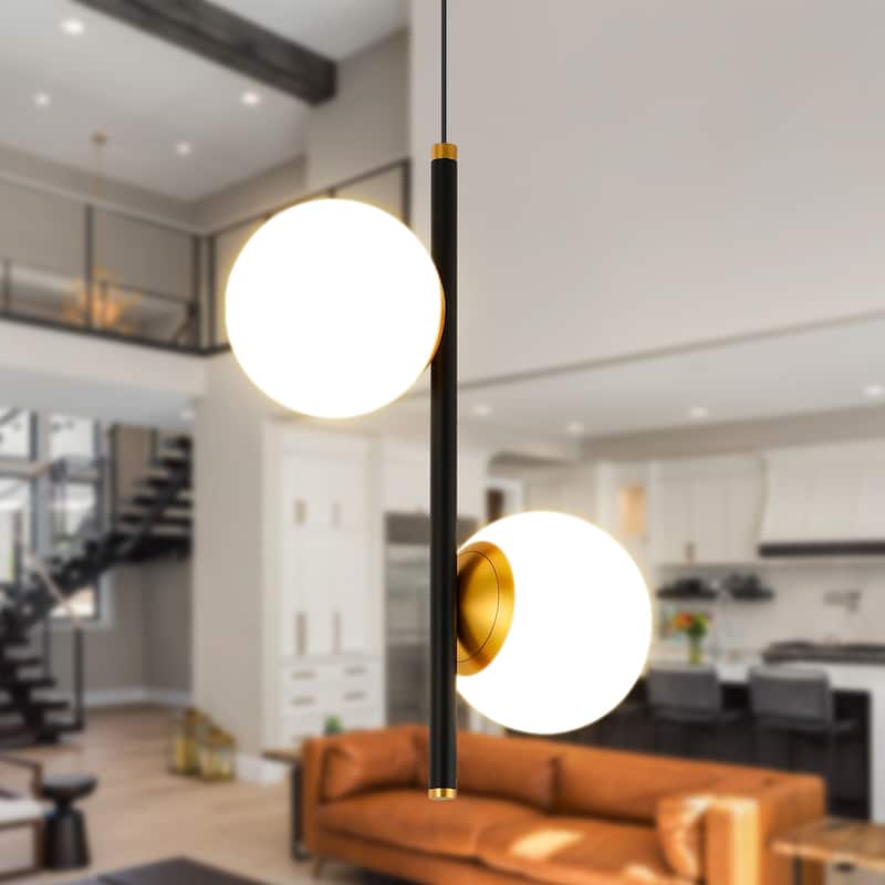 VONN Lighting Capri VCP2202BL 11" 2-Light ETL Certified Integrated LED Black Pendant Light Fixture with Glass Shades - 11"L x 5"W x 80.75"H - Black + Gold