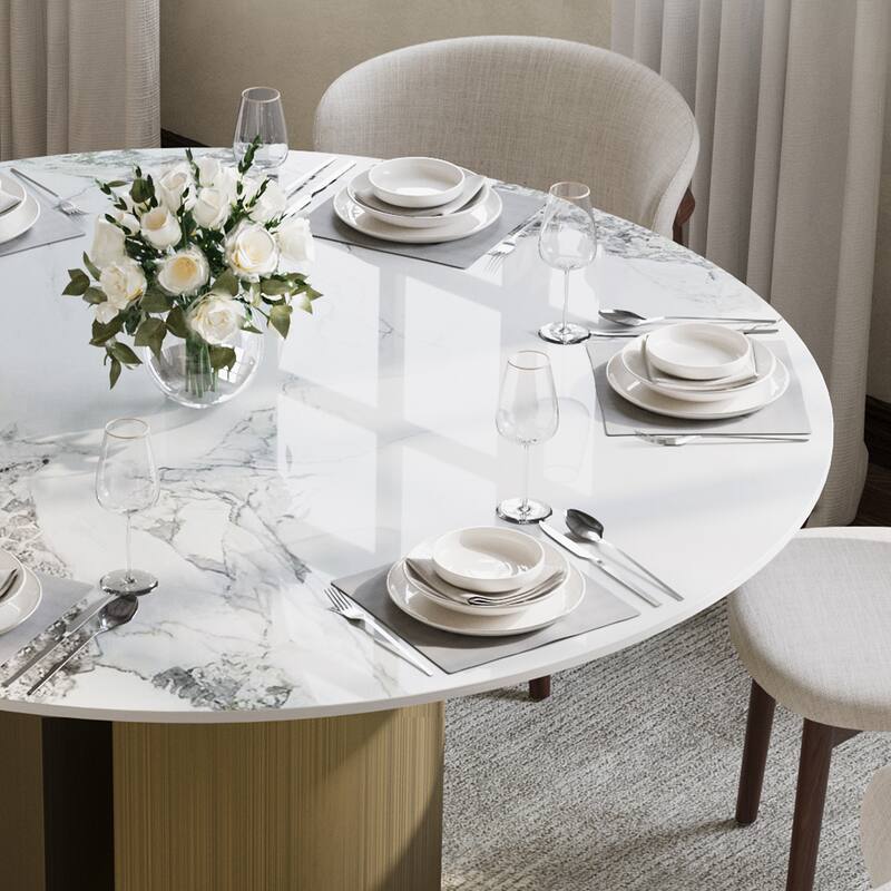 59" Modern Round Dining Table For 6-8, Glossy Sintered Stone Table Top, White Kitchen Table With Stainless Steel Base