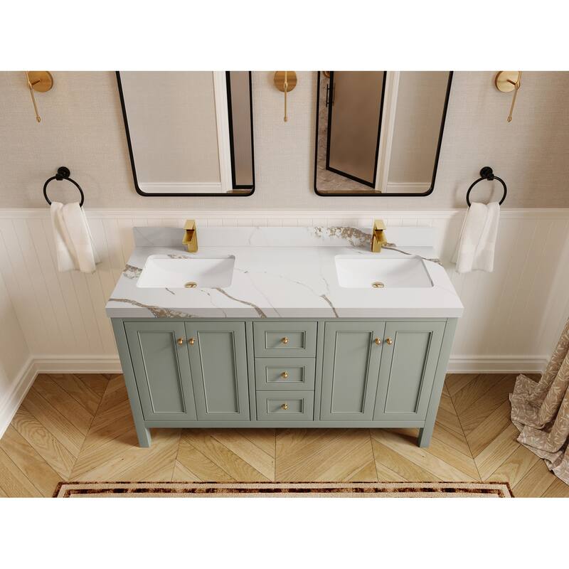 Willow Collections 60 in. W x 22 in. D Nashville Double Bowl Sink Bathroom Vanity with Countertop - 2"Calacatta Gold - Evergreen