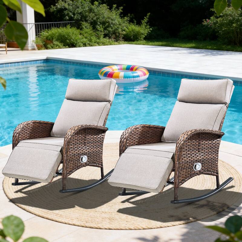 Pocassy Patio Rocker Chaise Lounge Chairs with Adjustable Backrest Set. - Brown Wicker with Beige Cushion - 2 Piece Rocker Recliner Chair