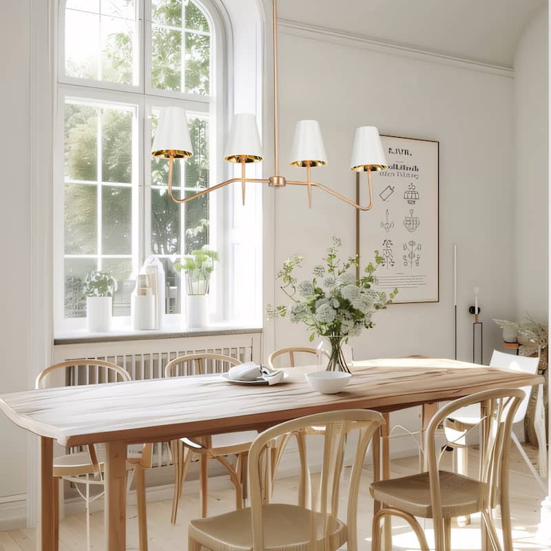 Mid-Century Modern 4-Light Gold Chandelier Island Lights with Fabric Shade for Dining Room - L 34.5" x W 5.5" x H 12.5"