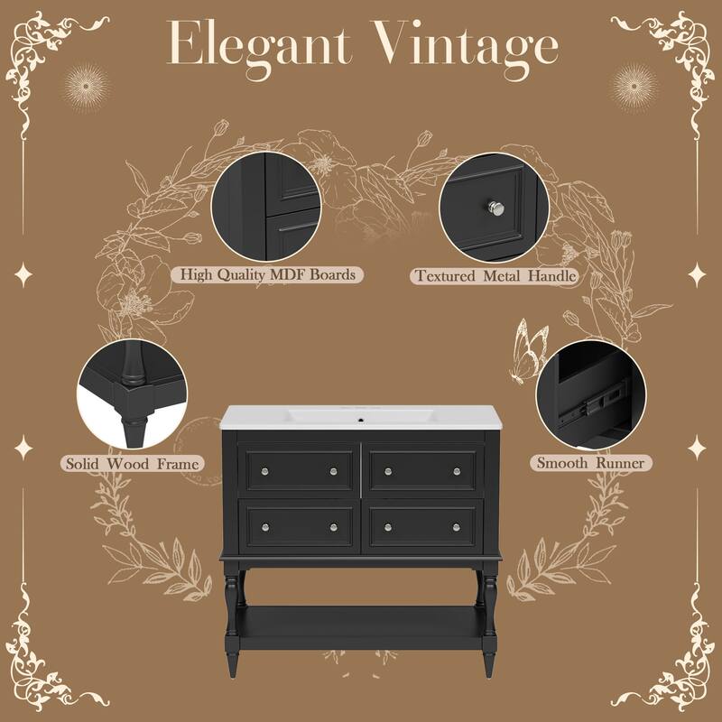 36" Bathroom Vanity Cabinet with Sink Combo Set, Undermount Ceramic Sink, Free Standing Vanity Set with 4 Drawers