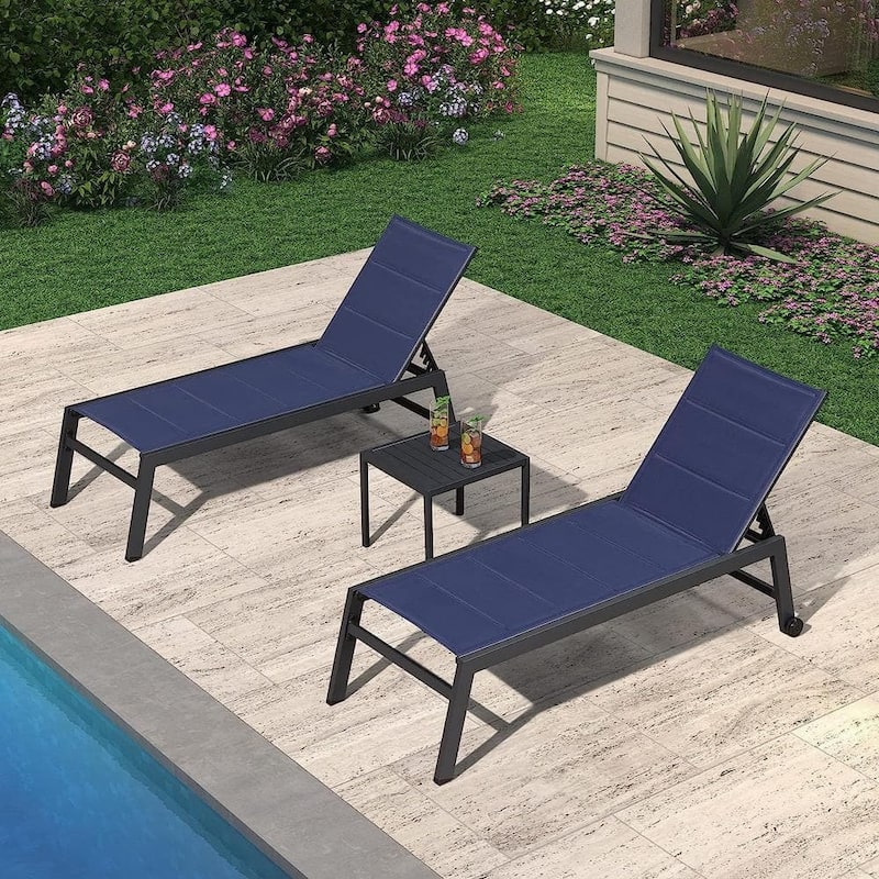 PURPLE LEAF Outdoor Chaise Lounge Set of 2 Aluminum Patio Lounge Chair with Wheels and Side Table - Navy Blue