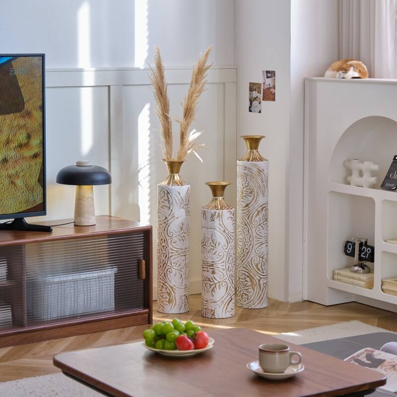 Floor Metal Vases Decorated White Metal vases Set of 3 gorgeous home decoration large glazed metal vases