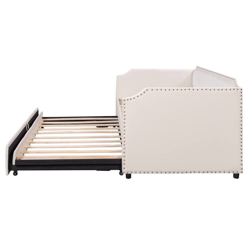 Roomfitters Twin Size Velvet Upholstered Daybed with Pop Up Trundle, Space Saving Sofa Bed Frame with Slats