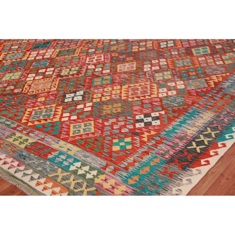 Reversible Kilim Oriental Area Rug Flatweave Dining Room Wool Carpet - 9'10"x 13'0"