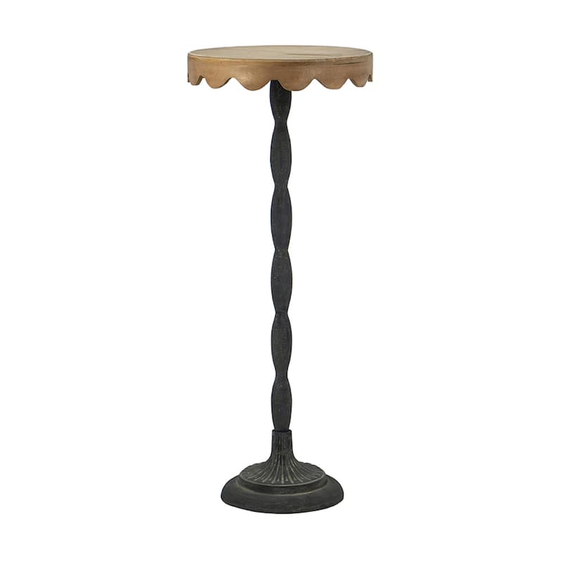 D12x29.5" Black Iron Side Table with Scalloped Brown Wooden Top