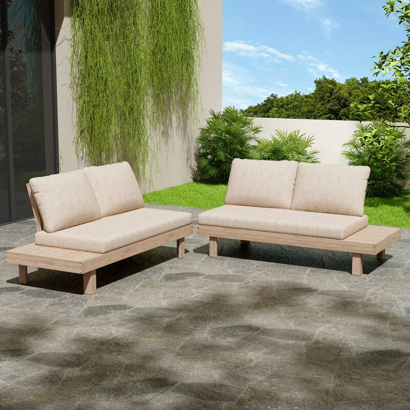 Christopher Knight Home - Thayne Patio Acacia Wood Full-Corner Left and Right 2 Seater Sofa Set with Water-Repellent Cushions - Light White Finish+Sand Cushion