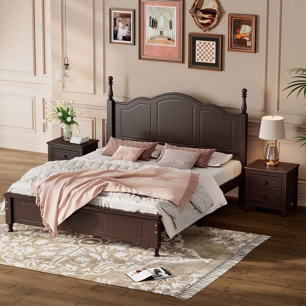 Vintage 3-Pieces Bedroom Sets, Queen Size Wood Platform Bed Frame