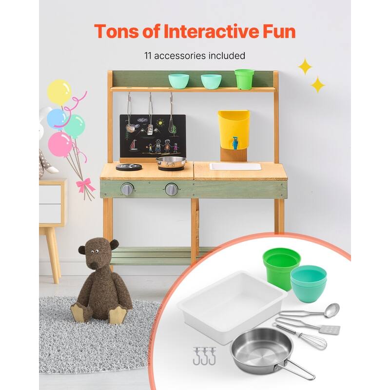 Natural-Green Cedar Wood Outdoor Mud Kitchen Playset for Kids - 15.4” D x 30” W x 36” H