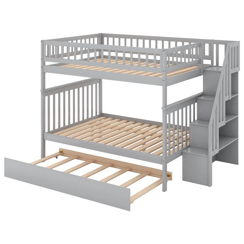 Full Pine Bunk Bed with Trundle and Storage Staircase, Convertible to Two Beds