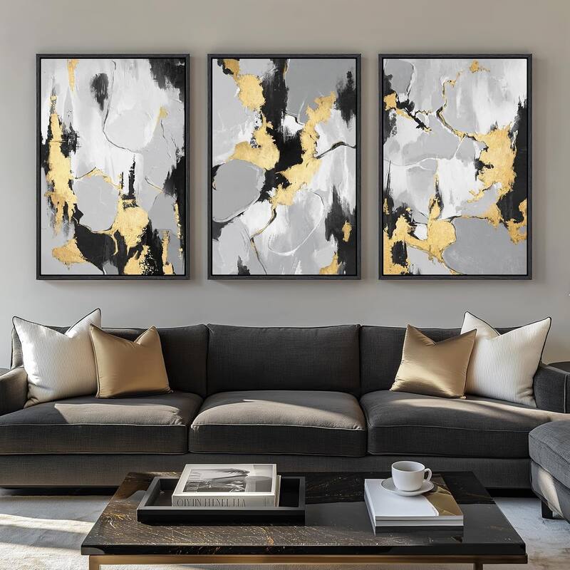 Wall Art,Black Grey Gold Abstract Pictures - 24 x 36