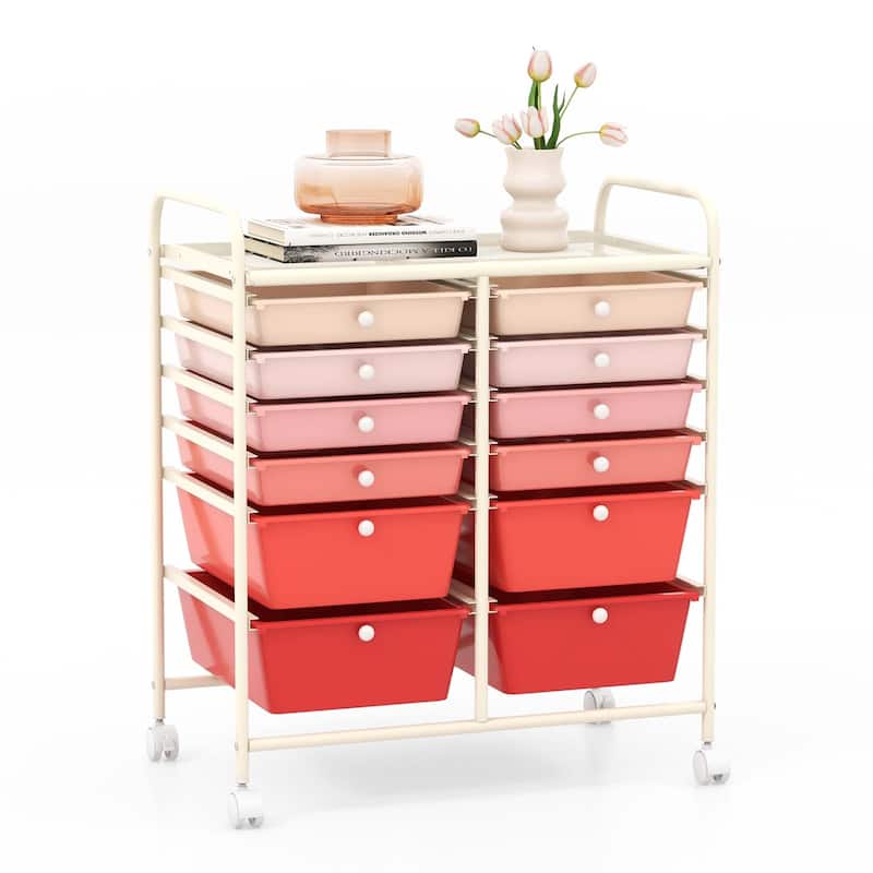 12-Drawers Rolling Storage Cart with Organizer Top - See Details - Pink