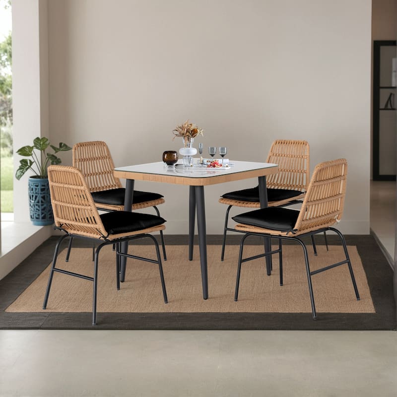 5 Piece Outdoor Dining Set, Glass Table with Woven Chairs for Patio, Balcony & Garden - 24.01"L x 20.87"W x 28.74"H