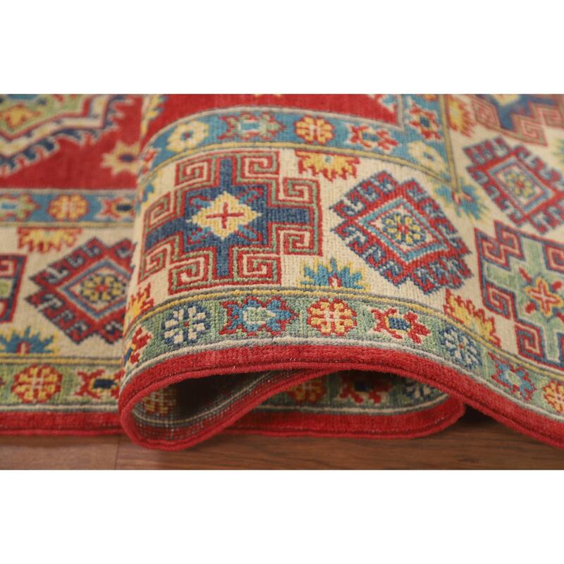 Geometric Red Kazak Area Rug Hand-Knotted Traditional Wool Carpet - 4'11" x 7'1"