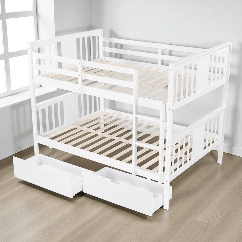 Twin Over Twin Bunk Bed with Ladder, Solid Wood Low Bunk Bed Frame with Guardrails, Space-Saving Design for Kids Bedroom