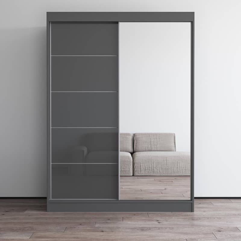 Aria High Gloss 2-door Modern Wardrobe with Mirror - Gray-59"