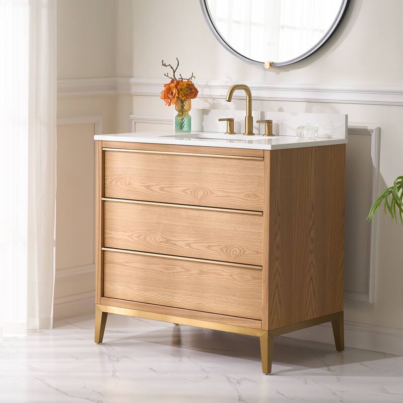 36"/48"/60" W Width Solid Wood Bathroom Vanity with Stain-resistant Carrera White Quartz Top and Sink