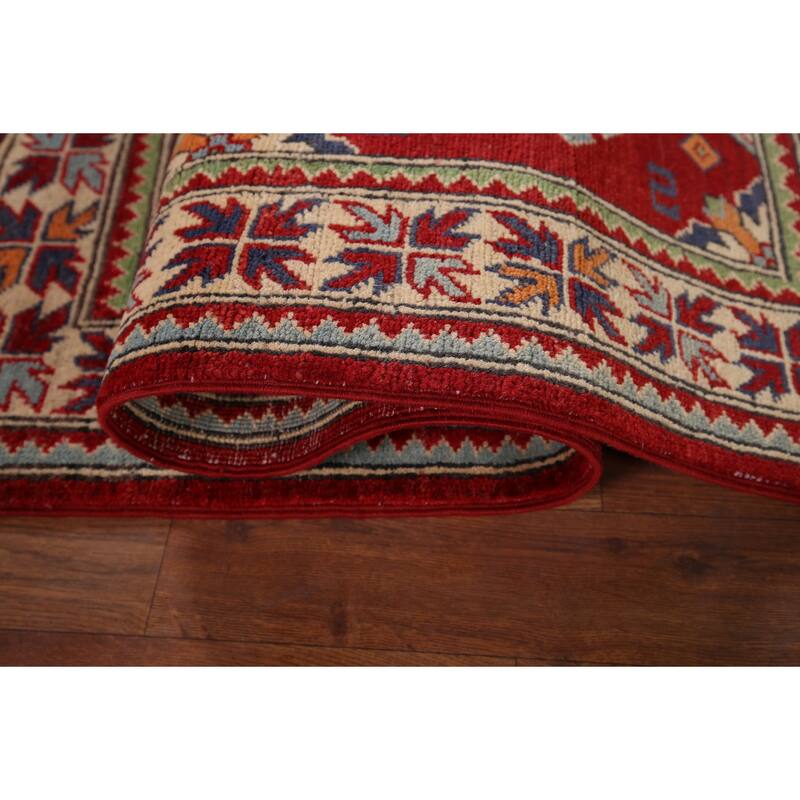 Red Geometric Kazak Foyer Rug Handmade Traditional Wool Carpet - 3'4" x 4'10"