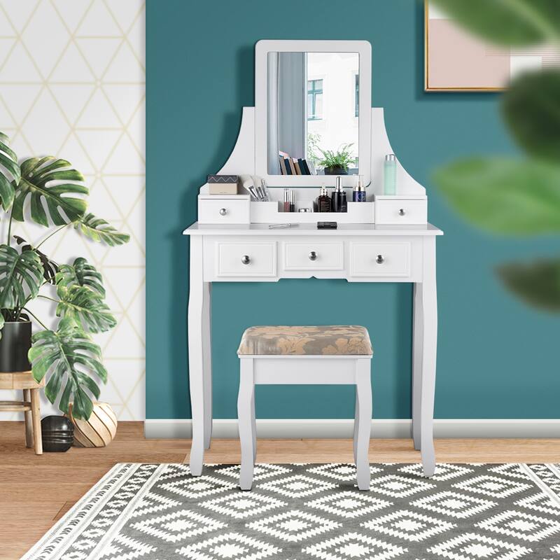 Gymax Vanity Set W/5 Drawers &Removable Box Makeup Dressing Table and - White
