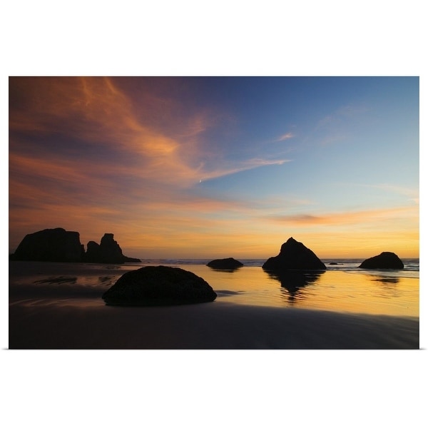 "Sunset sky, silhouetted sea stacks on Bandon Beach, Bandon Beach State Park, Oregon" Poster Print