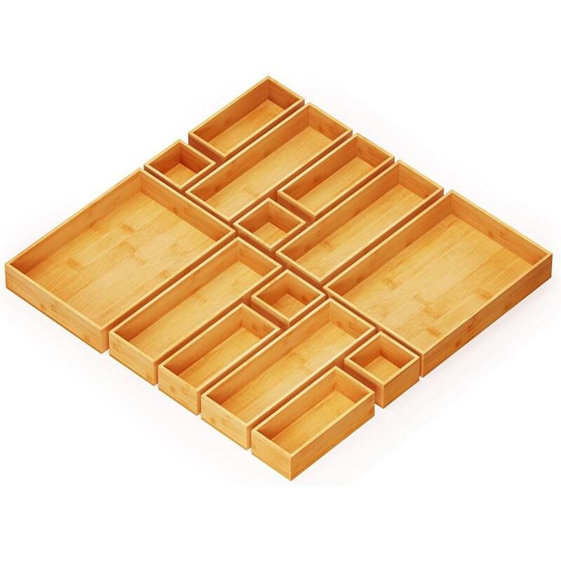 14-Piece Bamboo Drawer Organizer Storage Boxes Set, Wood Tray Junk Drawer Organizers Multi-Use Divider Bins - Natural