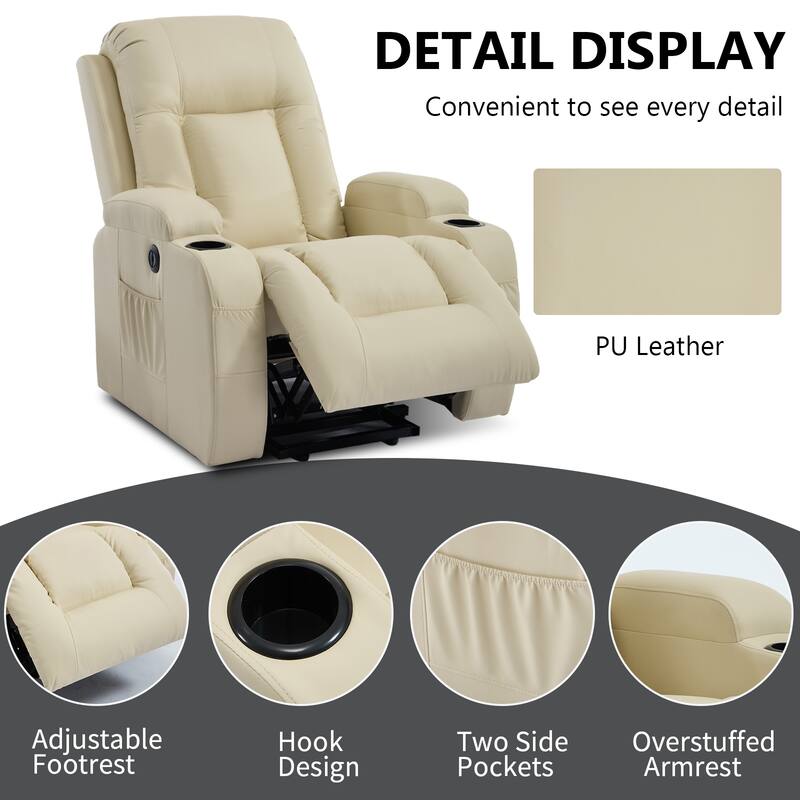 Roomfitters Heavy Duty Power Lift Recliner, PU Leather Massage Chair with Heat, USB Port and Dual Cup Holders