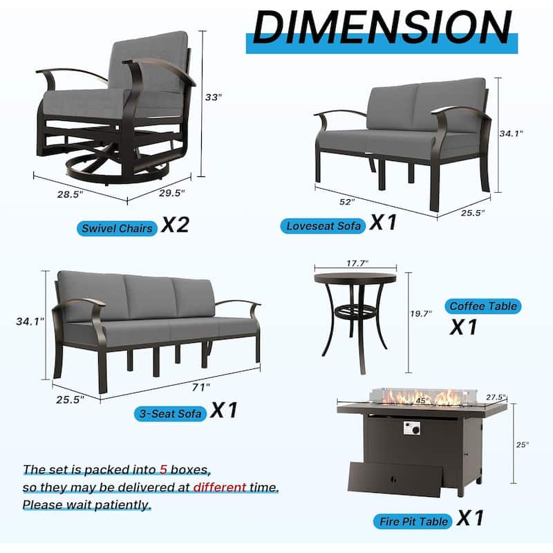 Aluminum Patio Furniture Set with FirePit Ottomans Swivel Chairs,Sectional Sofa with Thick Seat Cushions for Porch Garden