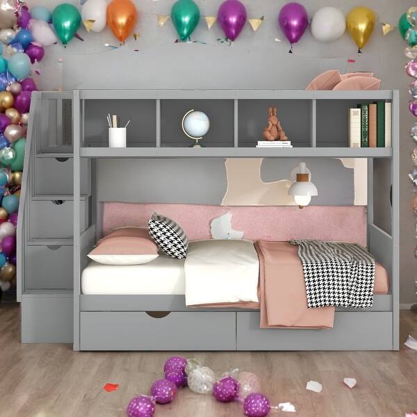 slide 2 of 39, Multi-function Twin Over Full Bunk Bed with Storage Staircase & Drawers Gray