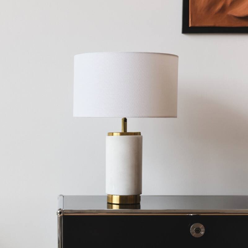 Brightech Arden 17 in. Marble Mid-Century Modern LED Table Lamp with Fabric Drum Shade and Built-In Charging Port