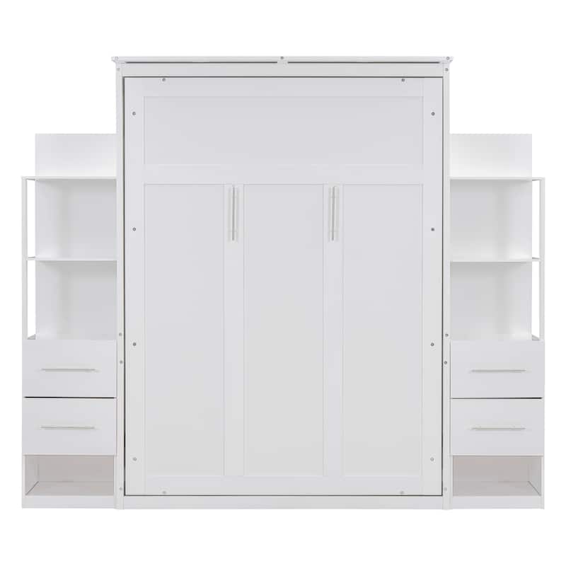 Full Size Murphy Bed Wall Bed with Shelves, Drawers and LED Lights,White