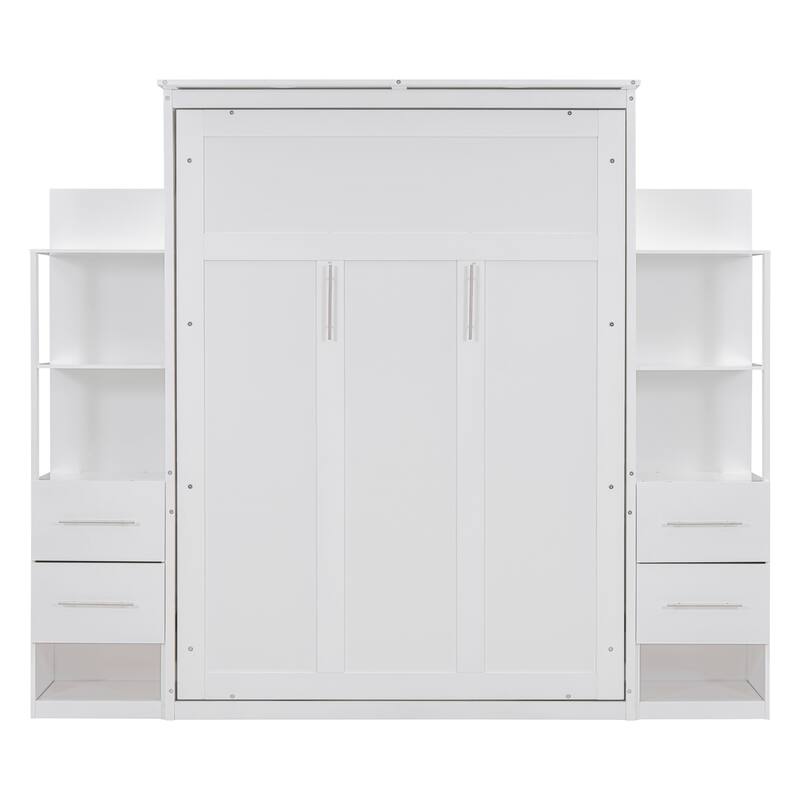 Space-Saving White Murphy Bed with Shelves, Drawers & LED Lights for Multi-Functional Rooms