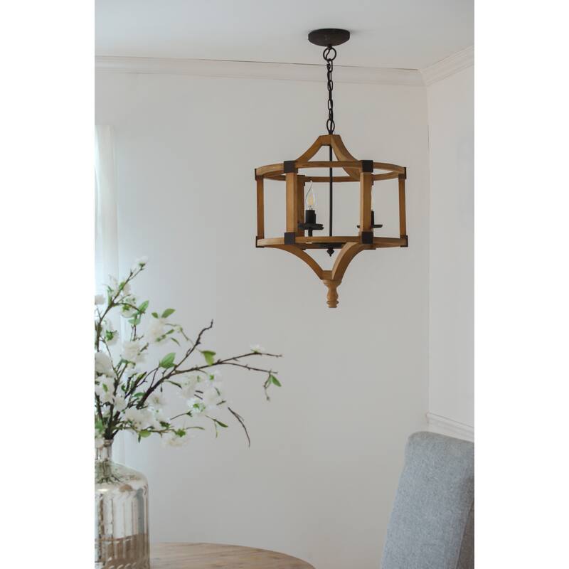 3 - Light Wood Drum Chandelier, Hanging Light Fixture with Adjustable Chain for Foyer Entryway, Bulb Not Included - Brown