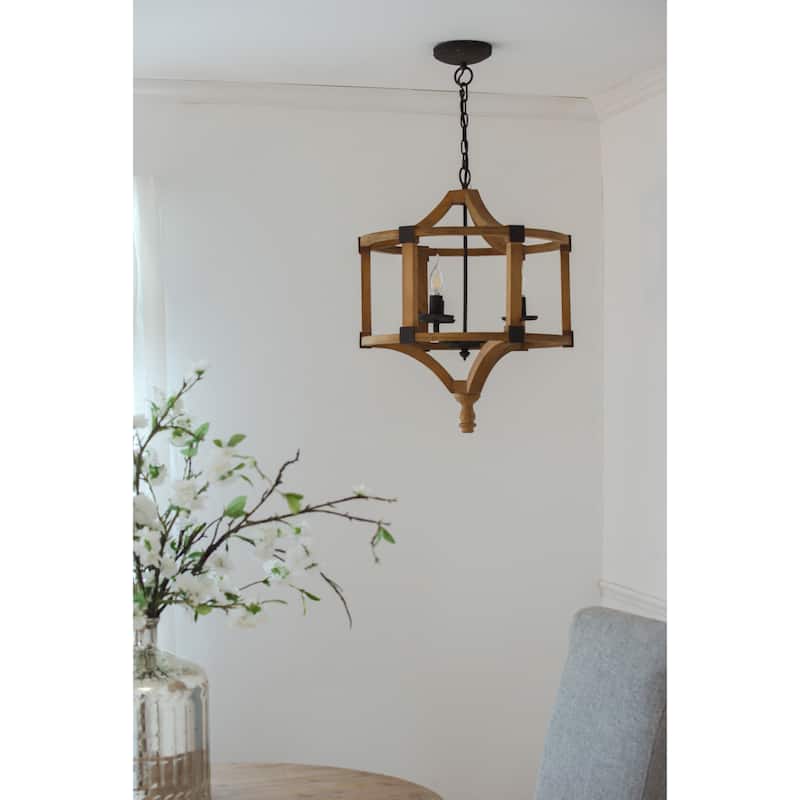 3 - Light Wood Drum Chandelier, Hanging Light Fixture with Adjustable Chain for Kitchen, Bulb Not Included - Brown