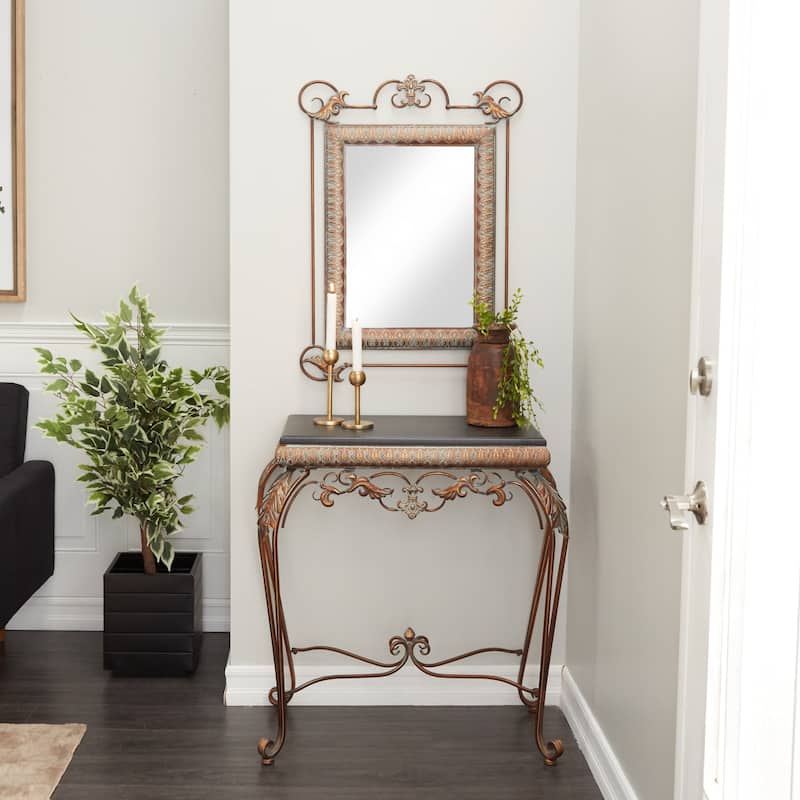 Bronze Metal Leaf Console Table with Mirror with Scrolled Legs (Set of 2) - 23 x 1 x 32