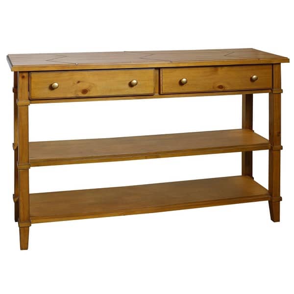 Two Drawer and Double Shelf Console Table - Natural Wood Finish - Bed ...