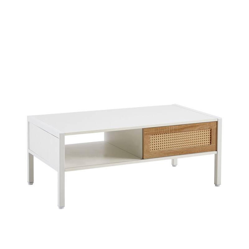 40.16" Mordern Rattan Coffee Table with Sliding Door and Metal Legs