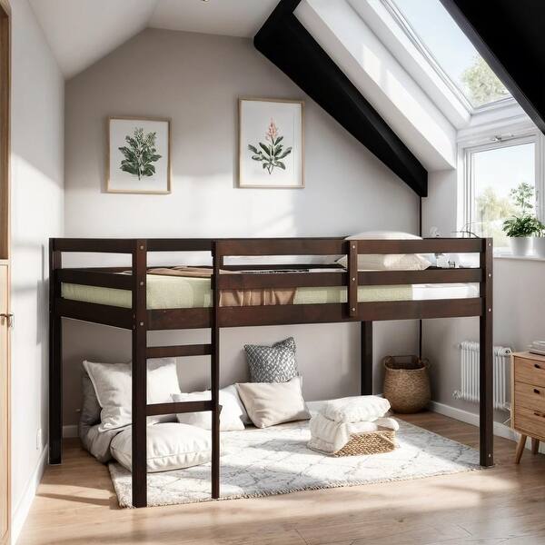 slide 2 of 10, Twin Loft Bed with Ladder, Bed Platform of Strengthened Slats, Espresso Espresso