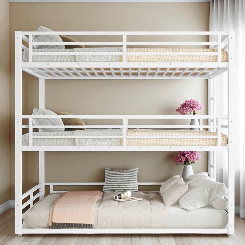 Metal Triple Bunk Bed Twin/Full/Twin XL/Queen with Safety Guardrails, Noise-Free Slats, Heavy Duty Frame - White - Queen