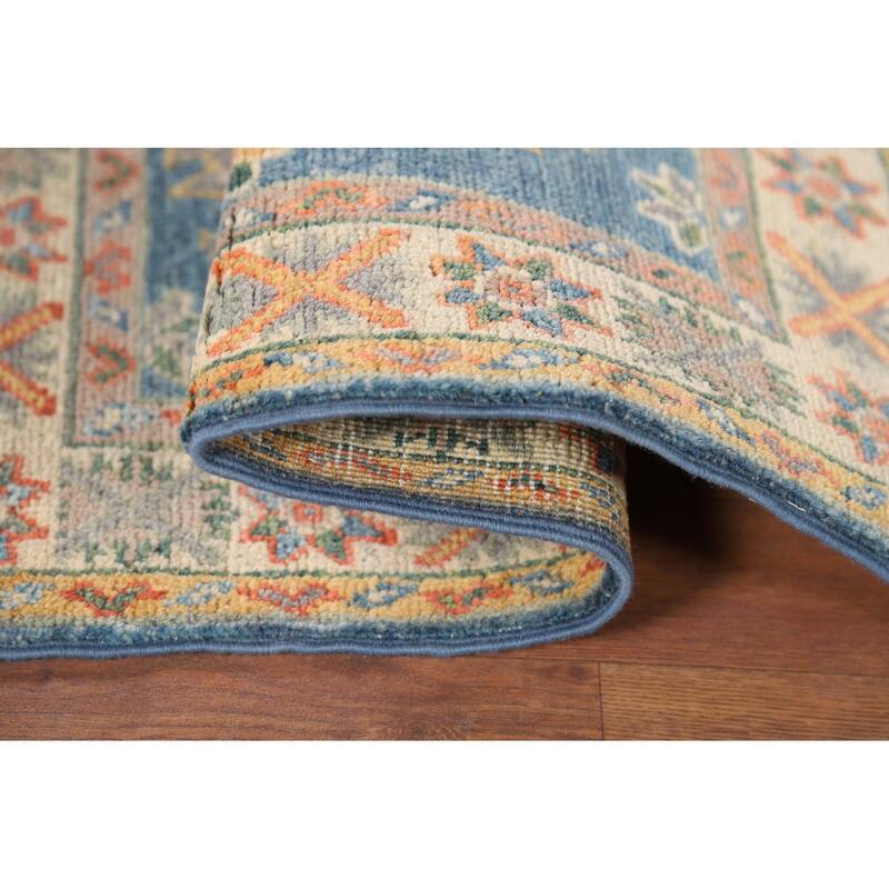 Hand Knotted Oriental 100% Wool Carpet Traditional Geometric Navy Blue & Blues Kazak Area Rug - 2' 10'' X 1' 11''