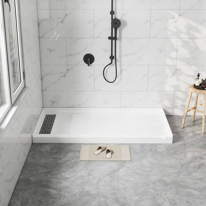 60 in. x 32 in. Elegant White Single Threshold Anti-slip SMC Rectangular Shower Base with Drain and Stainless Steel Drain Cover