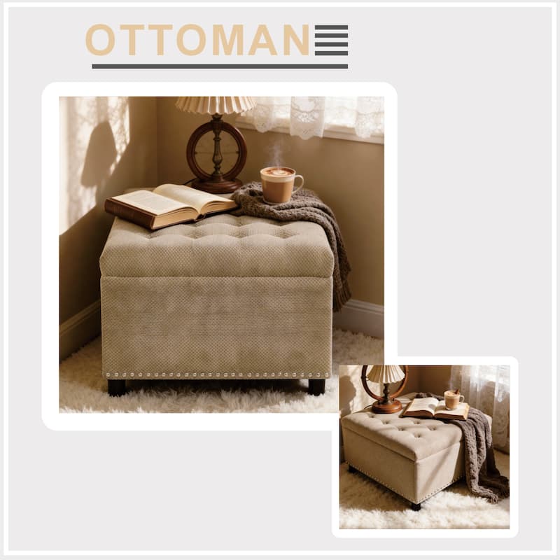 Square Tufted Upholstered Storage Ottoman with Nailhead Trim